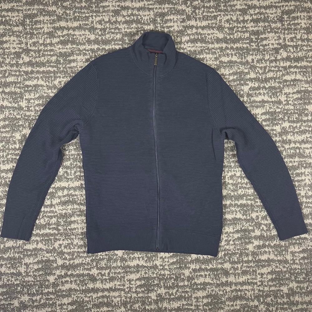 Perry Ellis Mens Navy Blue Ribbed Full Zip Mock Neck Sweater Large Dark Academia